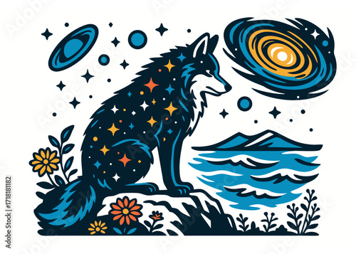 A star-studded wolf sits by the water while planets drift overhead—part night sky, part shoreline—guardian of tides with constellations in its fur, listening to the hush of distant, cosmic surf.