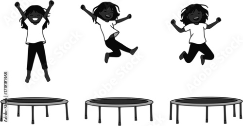 Set of vector cartoons of girl jumping on a trampoline
