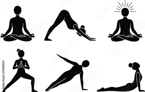 Yoga poses and meditation icons, including lotus, downward dog, and warrior poses, in black and white silhouette for health and wellness.