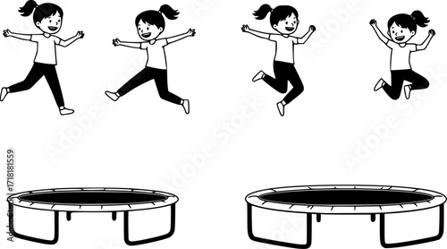 Set of vector cartoons of girl jumping on a trampoline
