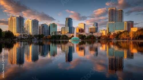 orlando florida usa downtown city skyline on eola lake no logos no brands