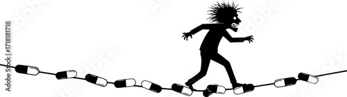 Crazy mad psychotic man walking on a rope made of medical pills
