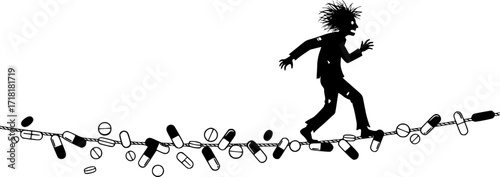 Crazy mad psychotic man walking on a rope made of medical pills
