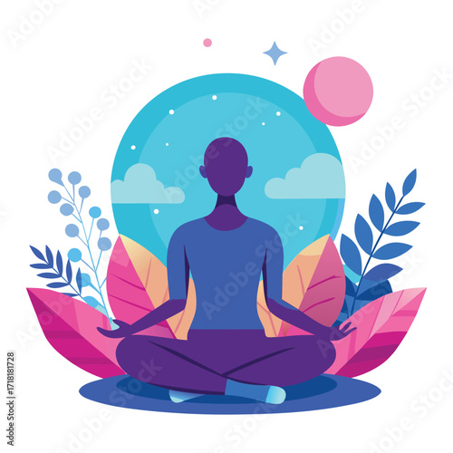 Person Meditating in Lotus Pose Surrounded by Nature and Celestial Elements