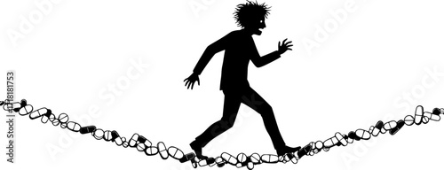Crazy mad psychotic man walking on a rope made of medical pills
