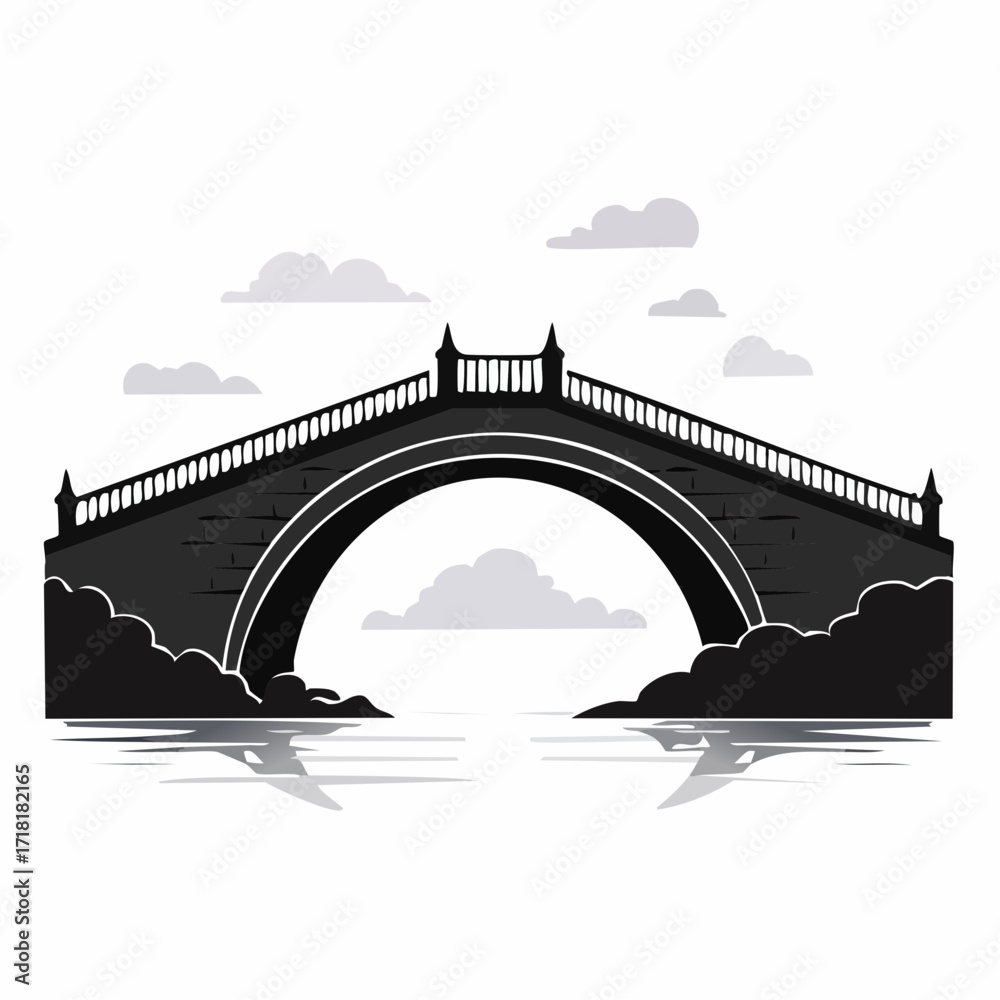 Fototapeta premium Black and white illustration of a stone bridge over water with clouds in the sky.