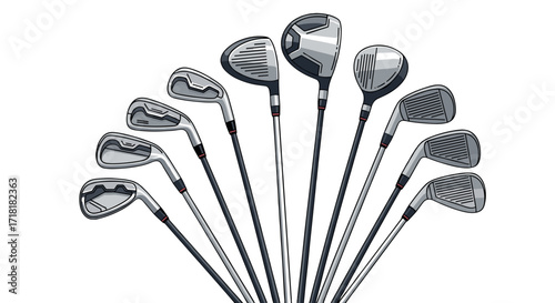 Assortment of various types of golf clubs are arranged in a fan shape in the image shown here