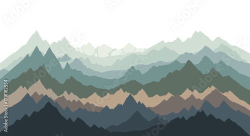 Layered mountain range illustration with varying shades of blue and brown on a white background