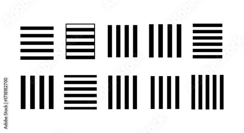 Arrangement of black horizontal and vertical bars forming abstract patterns on a white background image