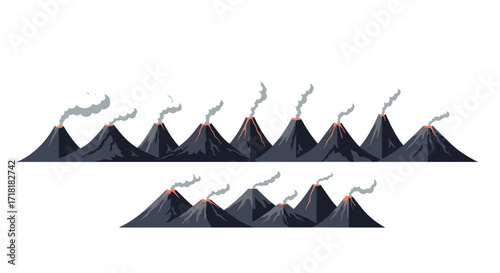 Illustration of multiple volcanoes arranged in two rows with smoke coming out of their tops