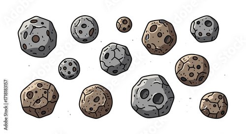 A collection of cartoon asteroids with varying sizes shapes and textures floating in a white space scene