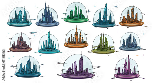 Collection of futuristic cityscapes encapsulated within protective glass domes in varied color schemes