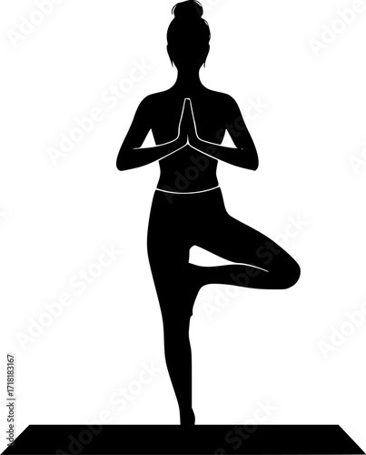 Woman training yoga on mat, black and white drawing
