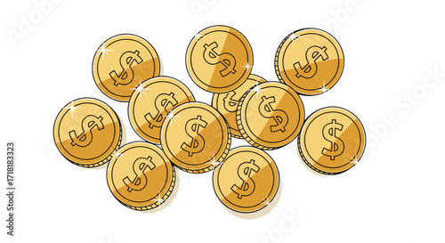 Illustration of a group of shiny gold coins with dollar signs arranged in a cluster on white background