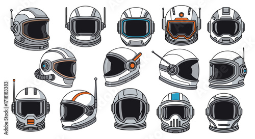 Collection of fifteen astronaut helmets featuring various designs and color schemes on a white background