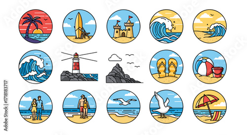 Collection of summer beach scenes in oval frames featuring palm trees, waves, and beach activities icons