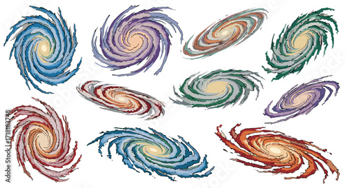 Collection of watercolor style spiral galaxies in various colors scattered on a white background