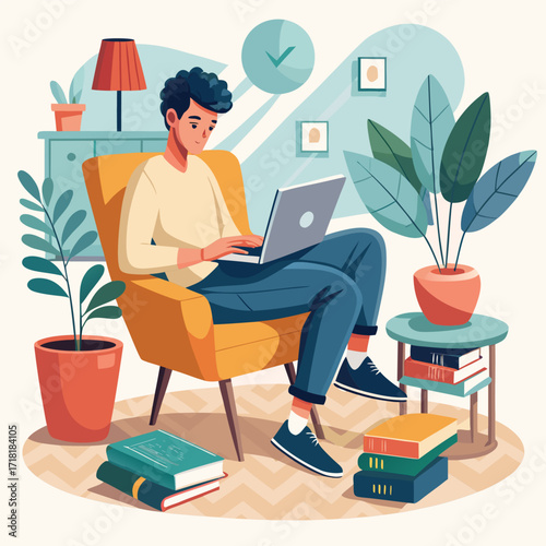 Young man working on laptop in cozy room with plants and books