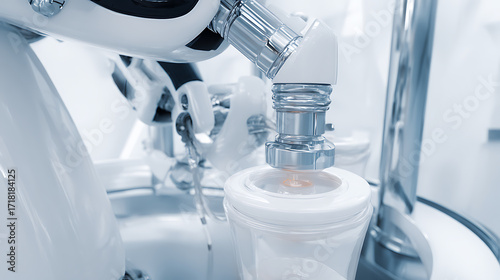 Robotic arm performing precise laboratory task with container in sterile environment