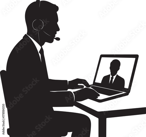 Office Worker Silhouette in Video Conference with Headset and Laptop for Remote Meeting and Online Communication Vector