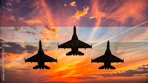 Fototapeta Naklejka Na Ścianę i Meble -  Silhouette of three fighter jets flying in formation against sunset sky

