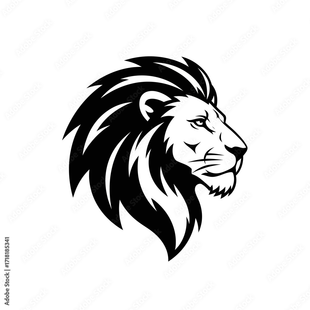 Fototapeta premium Stylized black and white profile of a majestic lion's head with a flowing mane, facing right, representing strength and leadership.