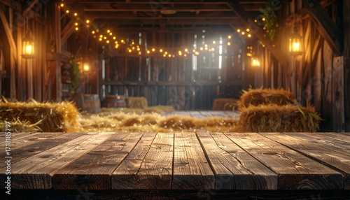 Wooden platform in rustic barn with hay and lanterns