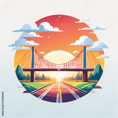 Vibrant circular illustration of a suspension bridge over a long road at sunset with colorful sky and clouds.