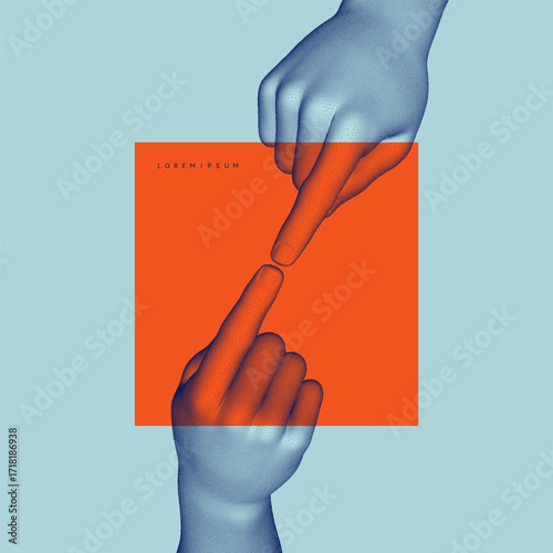 The index fingers of both hands reach towards each other. Concept of relationship, unity, partnership or contact. Design for banner, flyer, poster, cover or brochure.