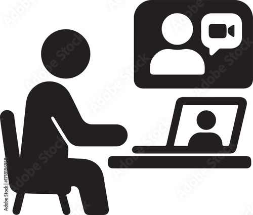 Patient with Laptop Silhouette Showing Video Call Icon for Virtual Therapy Session Vector