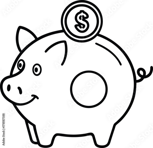 A cute cartoon pink piggy bank with a coin represents savings and finance