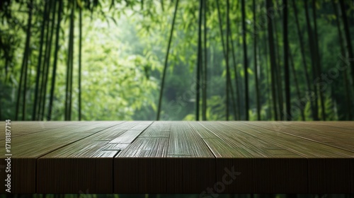 Empty wooden table in bamboo forest