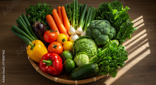 Basket of Fresh Organic Vegetables on Wooden Table