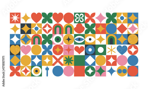 Vibrant Geometric Symbol Grid, Flat Vector Icon Set on White, Bright brutal contemporary icons. Various geometric figures.easily editable and scalable.