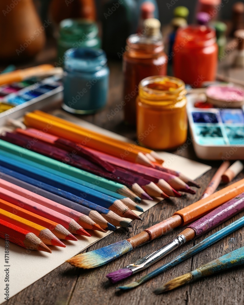 Naklejka premium Vibrant Artists Palette - Colored Pencils, Paints, and Brushes on Rustic Wood.