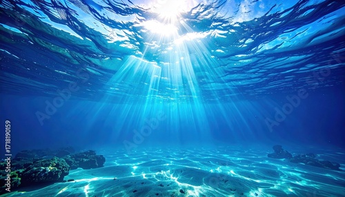 Underwater Scene Sunlight Beams Piercing Through the Deep Ocean, Creating a Stunning Visual