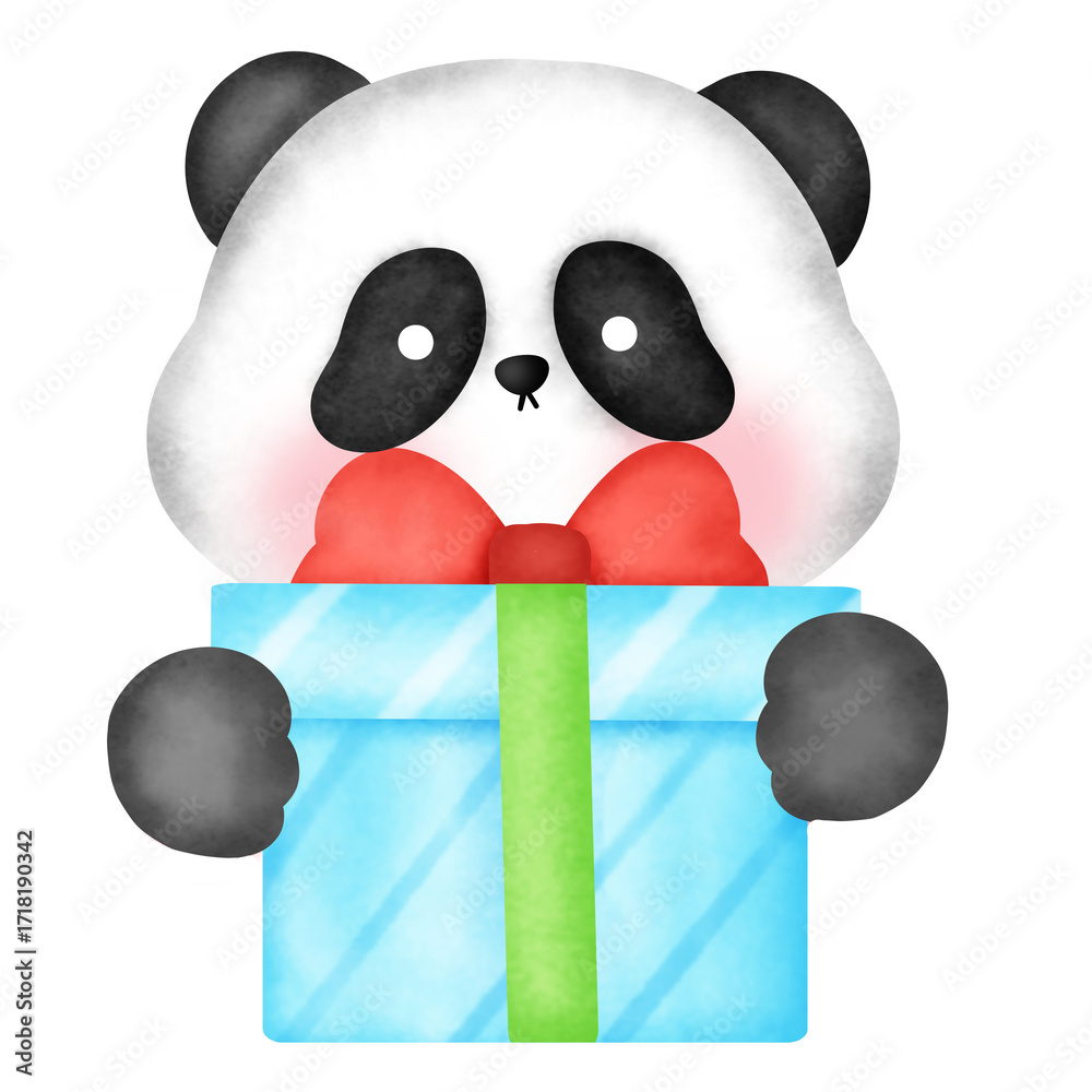 Fototapeta premium A panda bear is holding a blue box with a green bow