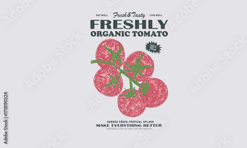 Tomato vegetable artwork for t shirt print, poster, sticker and other uses. Fresh vegan food. Blooming tomatoes art.