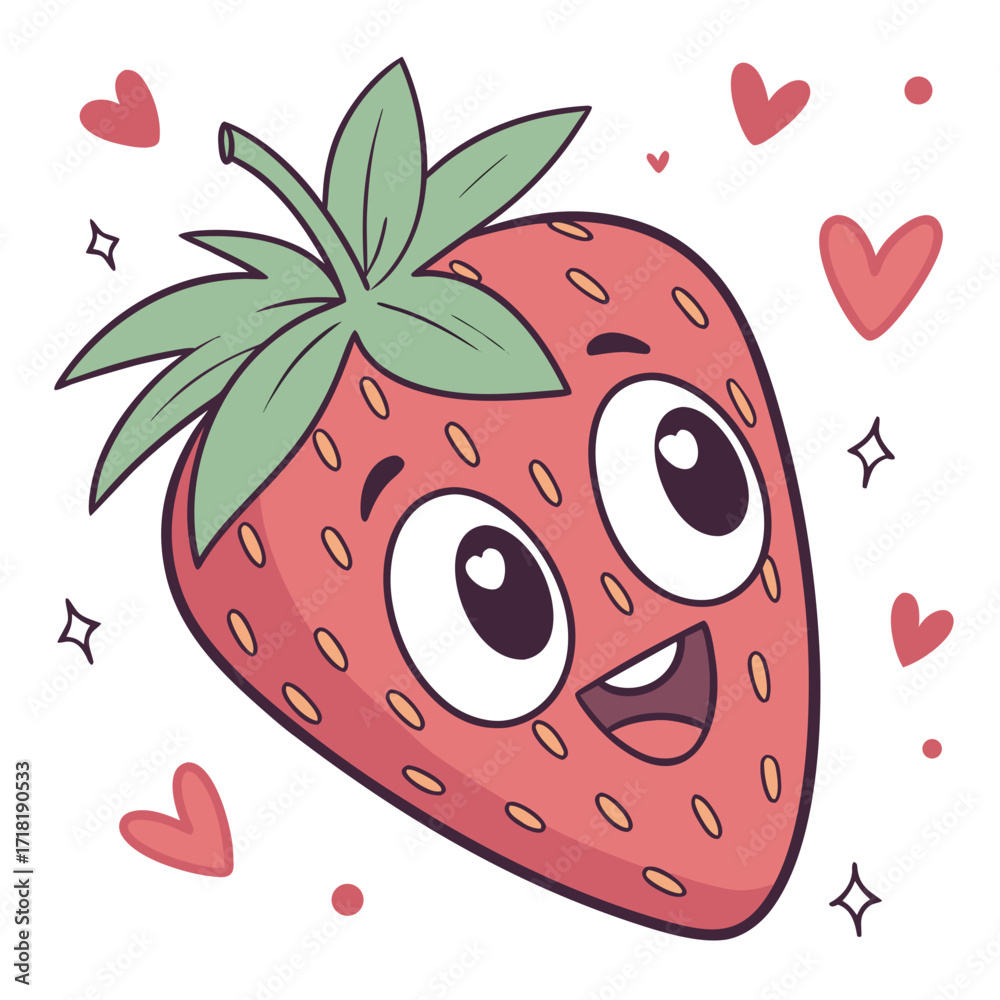 Obraz premium Cute strawberry cartoon character with hearts