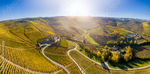 Aerial view of the Langhe vineyards in autumn, Piedmont, Italy