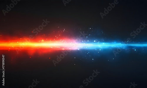 Abstract image showing a horizontal line of red and blue light with scattered particles around it