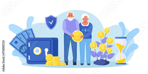 Elderly husband and wife are standing near bank safe, money tree, holding gold coin. Pensioners couple keeping cash in bank deposit account. Pension savings investment in retirement mutual fund