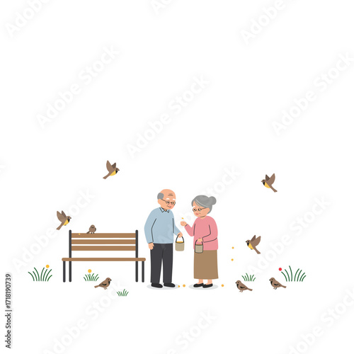 Elderly Couple Feeding Birds in Park.