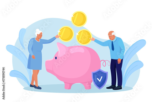 Elderly husband and wife throwing coins into piggy bank. Pensioners couple keeping money in bank deposit account. Pension savings investment in retirement mutual fund. Retirement, family budget