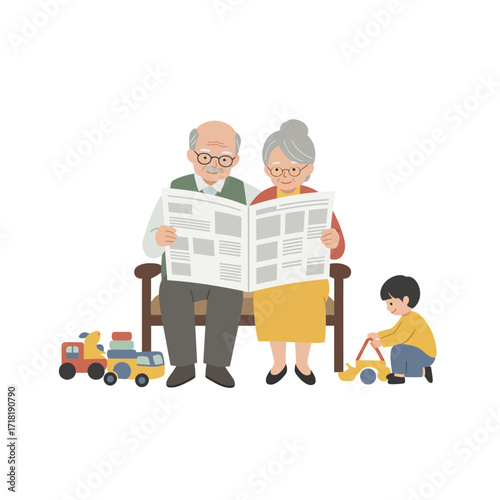 Grandparents Reading Newspaper with Grandchild Playing.
