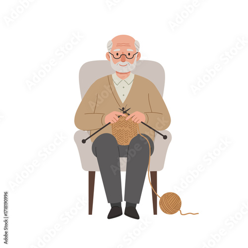 Elderly Man Knitting in Armchair.
