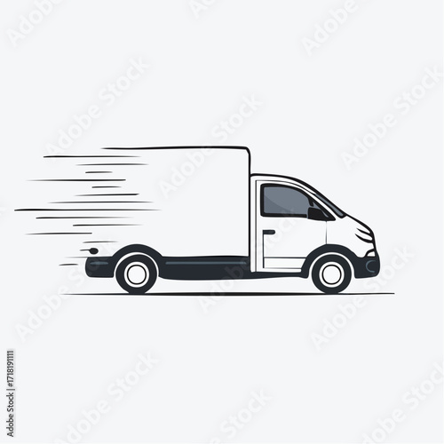 A minimalist line art illustration of a white delivery van moving quickly, depicted with speed lines on a plain background, symbolizing fast shipping.