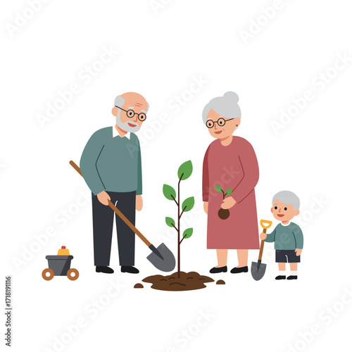 Grandparents and Grandchild Planting a Tree Together.