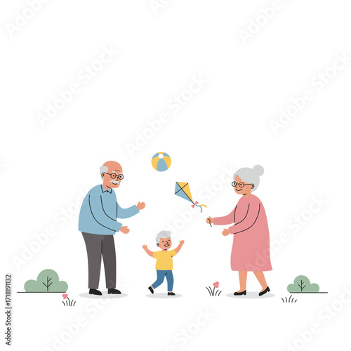 Grandparents playing with grandchild outdoors.
