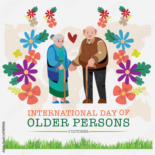 Illustration of an elderly couple standing together with walking sticks, surrounded by colorful flowers, symbolizing love, respect, and care for older people.